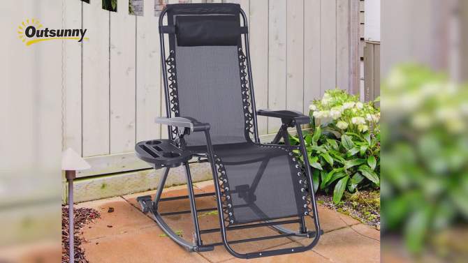 Outsunny Outdoor Rocking Chairs, Foldable Reclining Anti Gravity Lounge Rocker w/ Pillow, Cup & Phone Holder, Combo Design w/ Folding Legs, Black, 2 of 11, play video