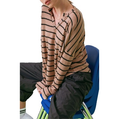 August Sky Women's Stripe Split Neck Pullover Top_RB3FT1060_Mocha_Large