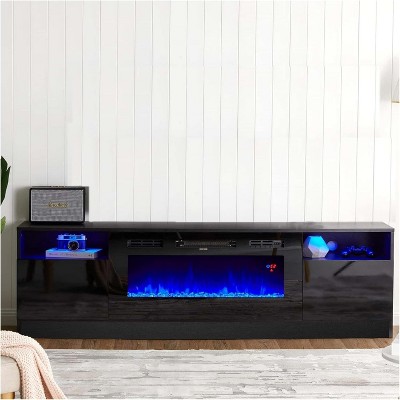 70 Inch Fireplace TV Stand with 36 Inch Electric Fireplace, 12 Colors LED Lights, 750W/1500W for Max 80 Inch TV, 2 Tier Storage 2 Door Cabinet