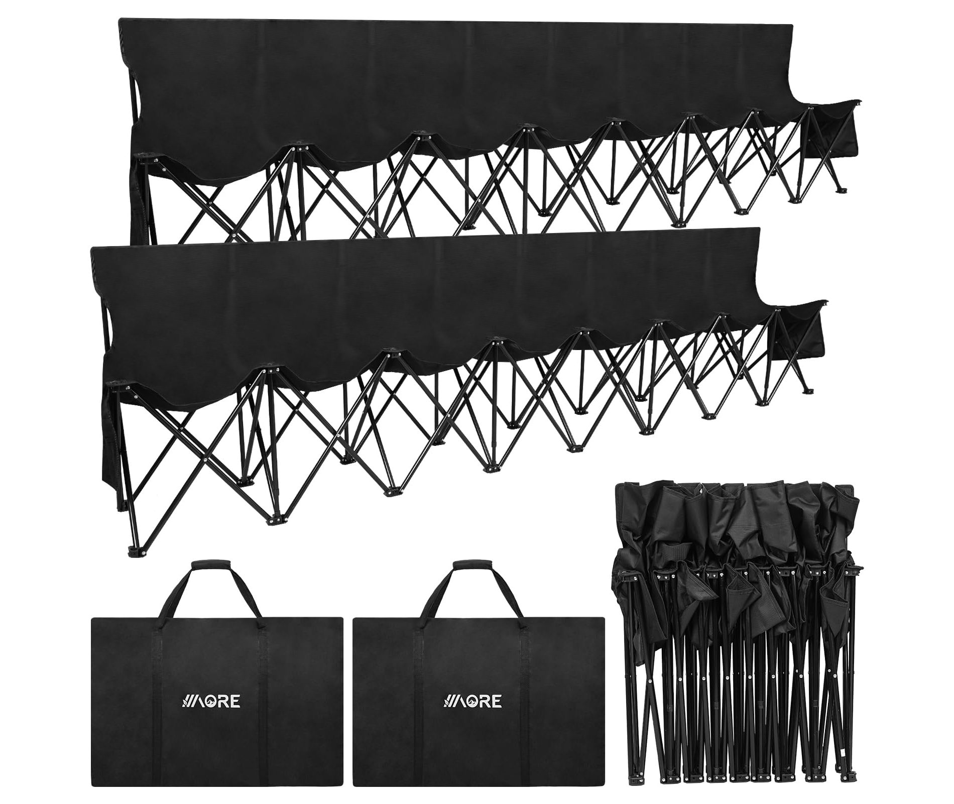 APRILSOUL Portable Folding Team Bench, 8 Seats Foldable Sideline Benches, Soccer Chair with Bag and Backrest, Adult Team Chair Black 2PACK