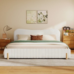 Boucle Upholstered Platform Bed with Curved Headboard and Vertical Stitching, Modern Wooden Frame Bed for Bedroom-Baofuwish - 1 of 4