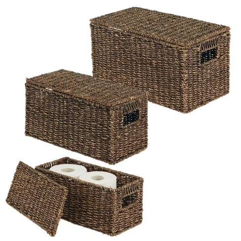 mDesign Seagrass Woven Cube Bin Basket Organizer, Handles, 6 Pack -  Natural/Tan