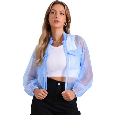 INSPIRE CHIC Women's Zip-Up Long Sleeve See-Through Bomber Jacket
