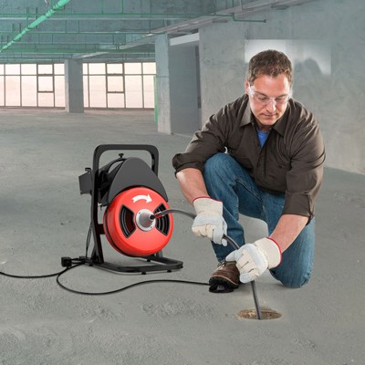 50FT x 1/2Inch Sewer Snake Cleaning Machine on 4 Wheels Electri Drain Auger with 4 Cutters & Foot Switch for 1''-4'' Pipes, Red, Black