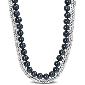 EVERLY JEWELRY |Mens 7.5-8mm Cultured Freshwater Black Pearl and Double Curb-Link Sterling Silver Chain Double Necklace - 1 of 4