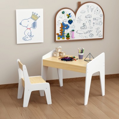 Lirago Kids Wood Table and Chairs Children Activity Table Toddler Furniture Set for Learning Playing and Dining White and Natural Wood
