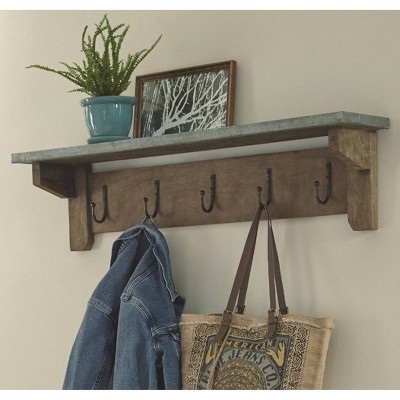 Millwork 40" Medium Wood and Zinc Hook Shelf