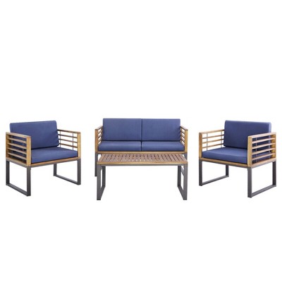 Tangkula 4PCS Acacia Wood Patio Conversation Set Outdoor Furniture Set w/ Navy Cushions