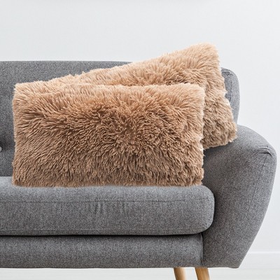 Taupe Shaggy Faux Fur Lumbar Throw Pillows Set of 2