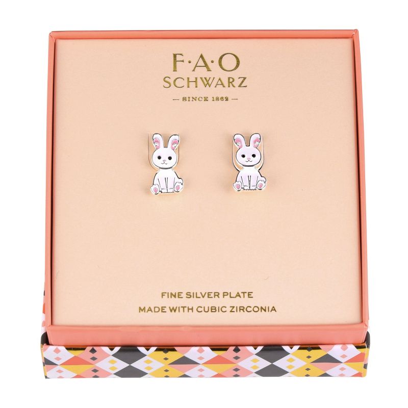 FAO Schwarz Silver Tone and White Enamel Bunny Front to Back Earrings, 2 of 4