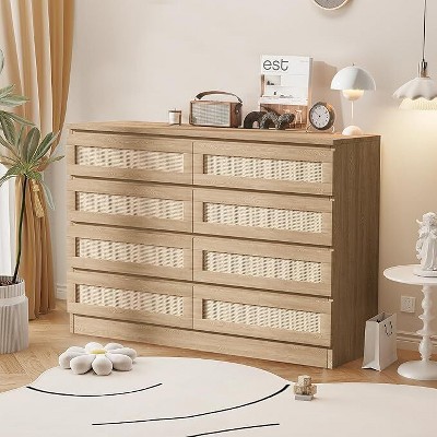 8-Drawer Dresser Chest, Rattan-Inspired Bedroom Storage with MDF & PB Construction, for Nursery, Living Room & Entryway