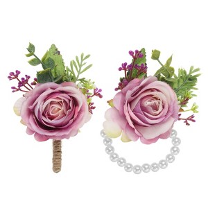 Unique Bargains Fabric Artificial Wedding Rose Flowers Wrist Corsage and Boutonnieres 2 Pcs - 1 of 4
