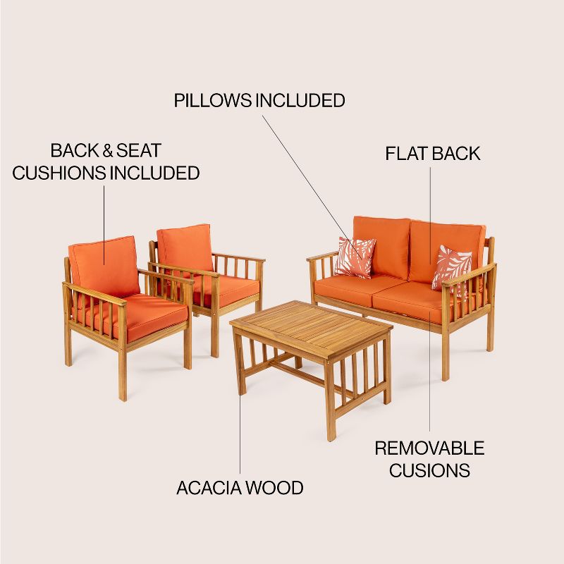 Everly 4-Piece Modern Cottage Acacia Wood Outdoor Patio Set with Cushions and Tropical Decorative Pillows - JONATHAN Y, 4 of 7