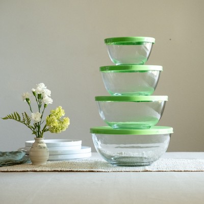 Libbey 4-Piece Clear Glass Mixing Bowl Set with Green Lids