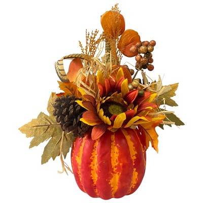 Northlight 12" Orange and Yellow Autumn Harvest Floral Filled Pumpkin Tabletop Decor
