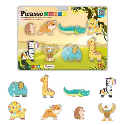 PICASSO-TILES 8PC Safari Animal Character Theme Set Magnetic Tiles, Building Blocks, STEM Toys for Kids 3+