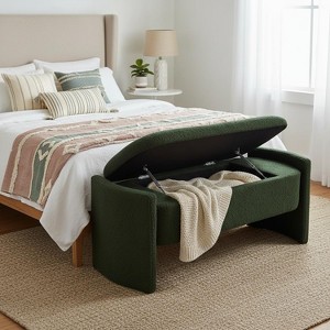 Homy Casa Modern Storage Bench with Curved Arm Design & Bouclé Upholstery, Dark Green - 1 of 4