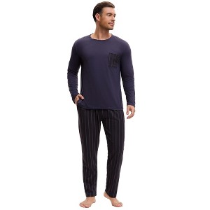 INSPIRE CHIC Men's 2 Pieces Long Sleeve Crew Neck Casual Stripes Pattern Pajamas Set - 1 of 4