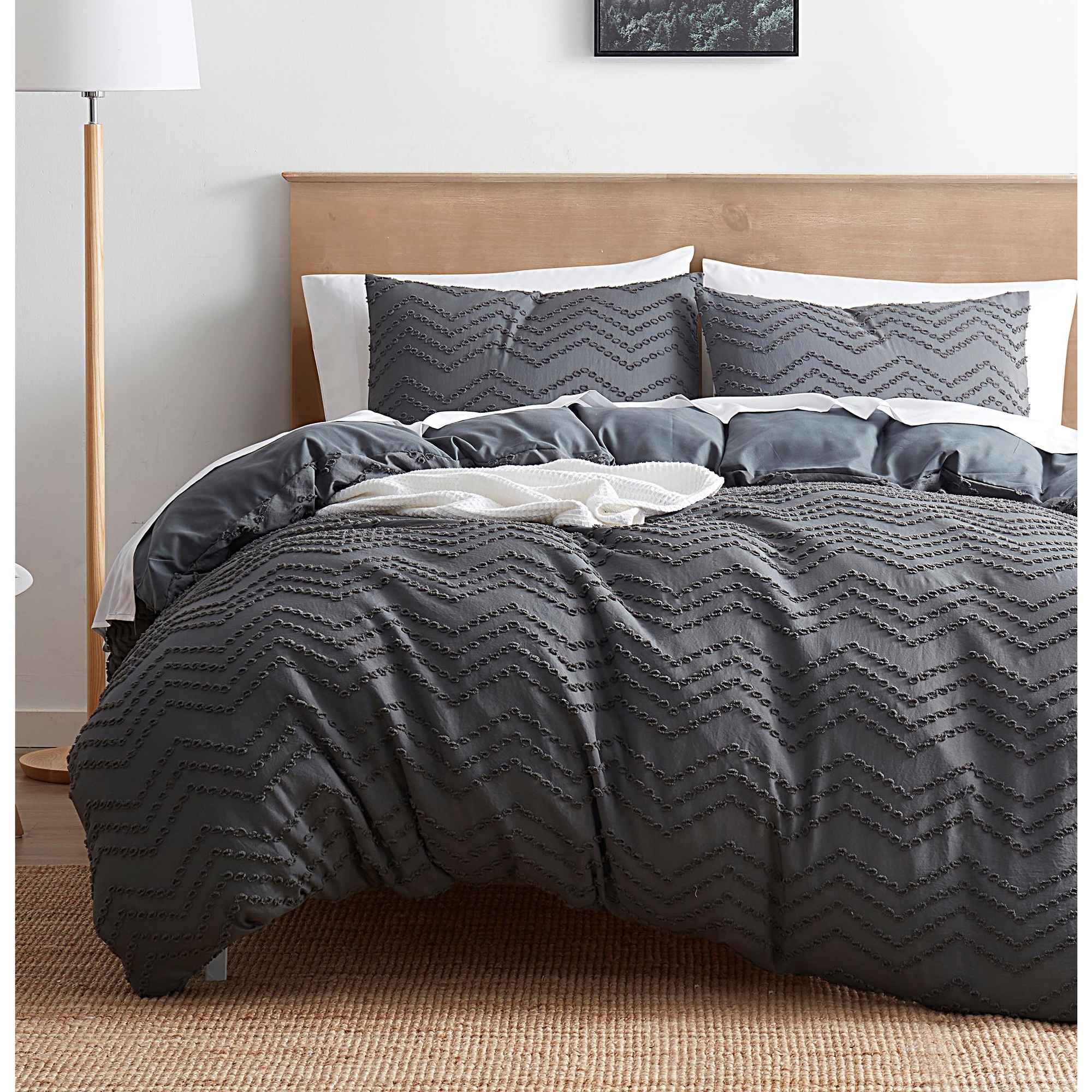 Nestl 3 Piece Tufted Boho Duvet Cover, King Size Textured Duvet Cover Set with Zipper Closure - Gray