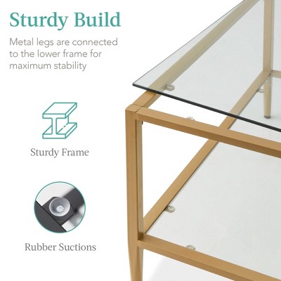 Elegant Gold 35" Square 2-Tier Glass Coffee Table