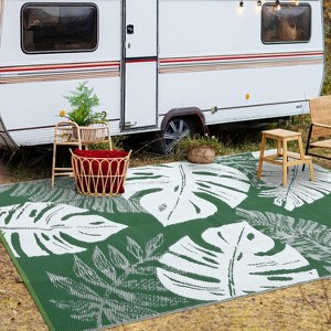 Waterproof Outdoor Reversible Rug, Boho Leaves Plastic Straw Mat for Patio, RV, Deck, or Beach - 1 of 4