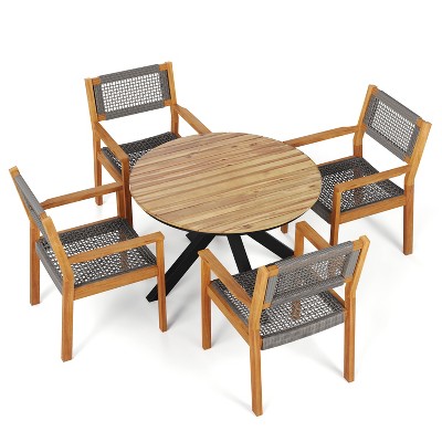 Christopher Knight Home Ned 5 Pieces Outdoor Acacia Wood and Metal Dining Set with Rope Weave Design