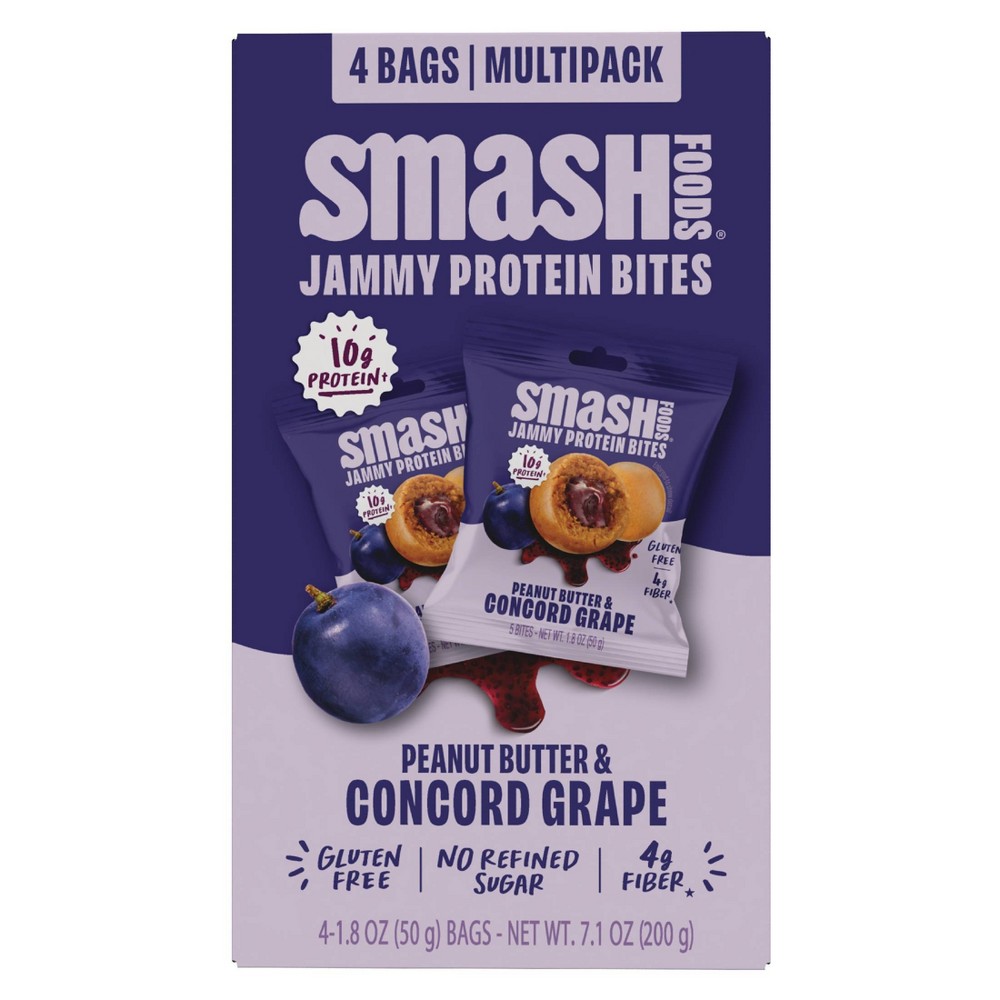 Smash Foods Gluten Free Peanut Butter & Concord Grape Jam Snack Bites Protein Bites - 10g Protein - 7.1oz/4pk