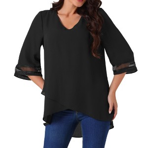 Seta T Women's V Neck 3/4 Bell Sleeve Mesh Panel High Low Asymmetrical Irregular Hem Casual Blouse - 1 of 4