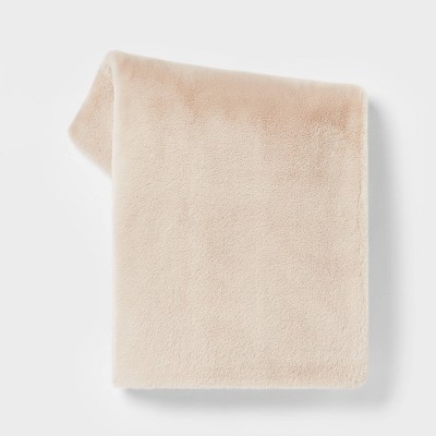 Faux Rabbit Fur Reversible Throw Blanket Neutral - Threshold™