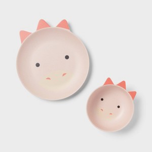 Kids' 2pc Bamboo and Melamine Dino Dinnerware Set Pink - Pillowfort™ - 1 of 3