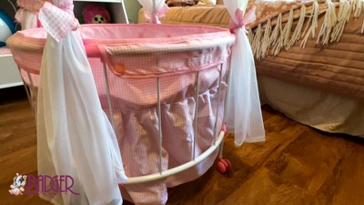 Pink and White Gingham Round Doll Crib with Canopy