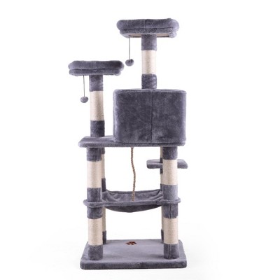 Bencmate Multi Level Cat Condo with Hammock & Scratching Posts for Kittens Tall Cat Climbing Stand with Plush Toys, Gray, (24"*20"*57.5")