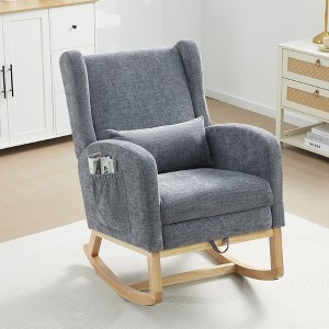 Hyleory Chenille Rocking Chair Rocker With Retractable Footrest, Solid Wood Leg, Long Non-Slip Pad, Lumbar Support And Side Pocket - 1 of 4