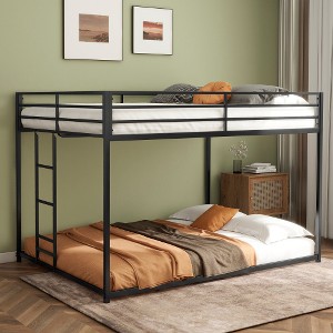ZevemomoFull Over Full Bunk Bed for Kids,Metal Low Bed Frame with Built-in Ladder,High Top Protect,Floor Bed Bottom Bunk,No Boxing Spring Needed,Black - 1 of 4