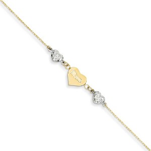 Black Bow Jewelry 14k Two-Tone Gold Diamond-Cut Puffed and Mom Heart Anklet, 9 Inch - 1 of 4