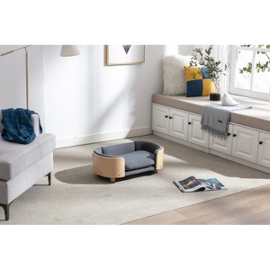 Yukimo 10"H Scandinavian Style Elevated Dog Bed Pet Sofa with Solid Wood Legs and Bent Wood Back, Velvet Cushion, Small Size - 1 of 4