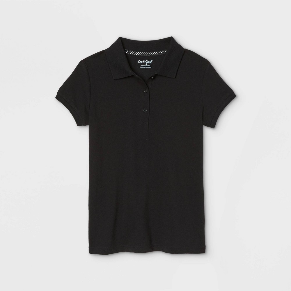 Size large Girls' Short Sleeve Stretch Pique Uniform Polo Shirt - Cat & Jack Black L Plus