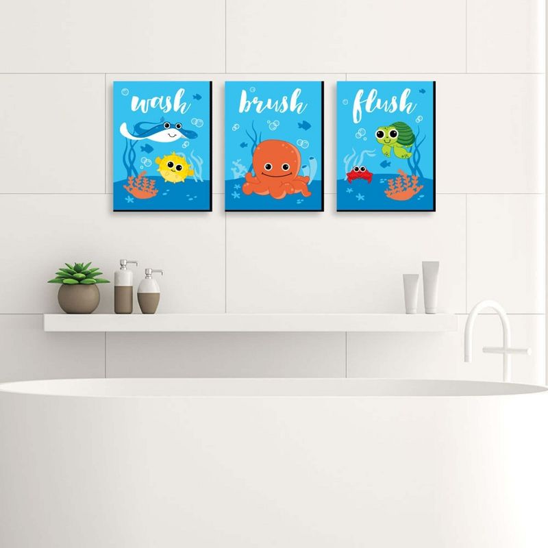 Big Dot of Happiness Under the Sea Critters - Kids Bathroom Rules Wall Art - 7.5 x 10 inches - Set of 3 Signs - Wash, Brush, Flush, 3 of 9