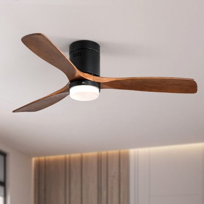 52" Modern Wooden Ceiling Fan with Led Light, Flush Mount Ceiling Fan with 3 Solid Wood Blades for Patio, Living Room, Bedroom-The Pop Home