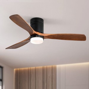 52" Modern Wooden Ceiling Fan with Led Light, Flush Mount Ceiling Fan with 3 Solid Wood Blades for Patio, Living Room, Bedroom-The Pop Home - 1 of 4
