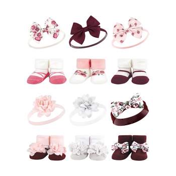 Hudson Baby Infant Girl 12Pc Headband and Socks Giftset, Rose Pink Burgundy, One Size