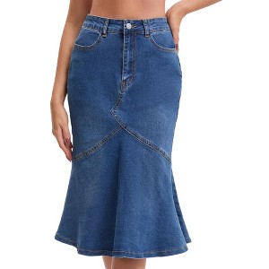 INSPIRE CHIC Women's Denim High Waisted Ruffled Knee Length Bodycon Fishtail Jean Skirt - 1 of 4