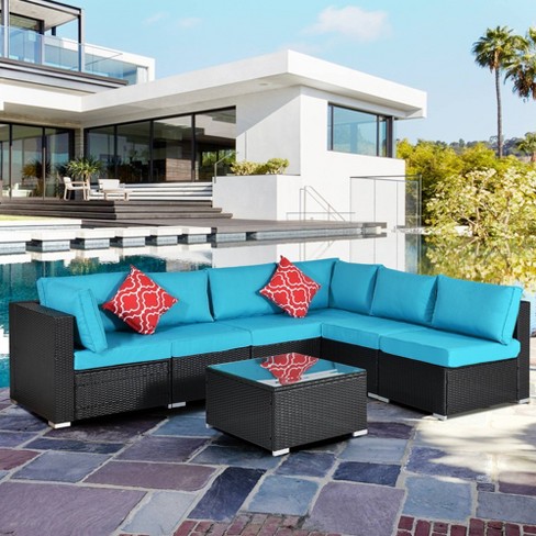 7pc Wicker Patio Conversation Set with Pillows Cushions Espresso Blue GODEER