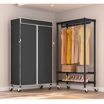 Black Portable Rolling Clothes Rack with Gray Cover