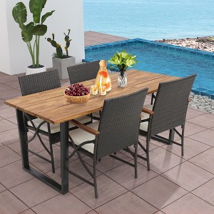 Costway 5 PCS Patio Rattan Dining Set Acacia Wood Table 4 Wicker Chairs with Umbrella Hole - 1 of 4