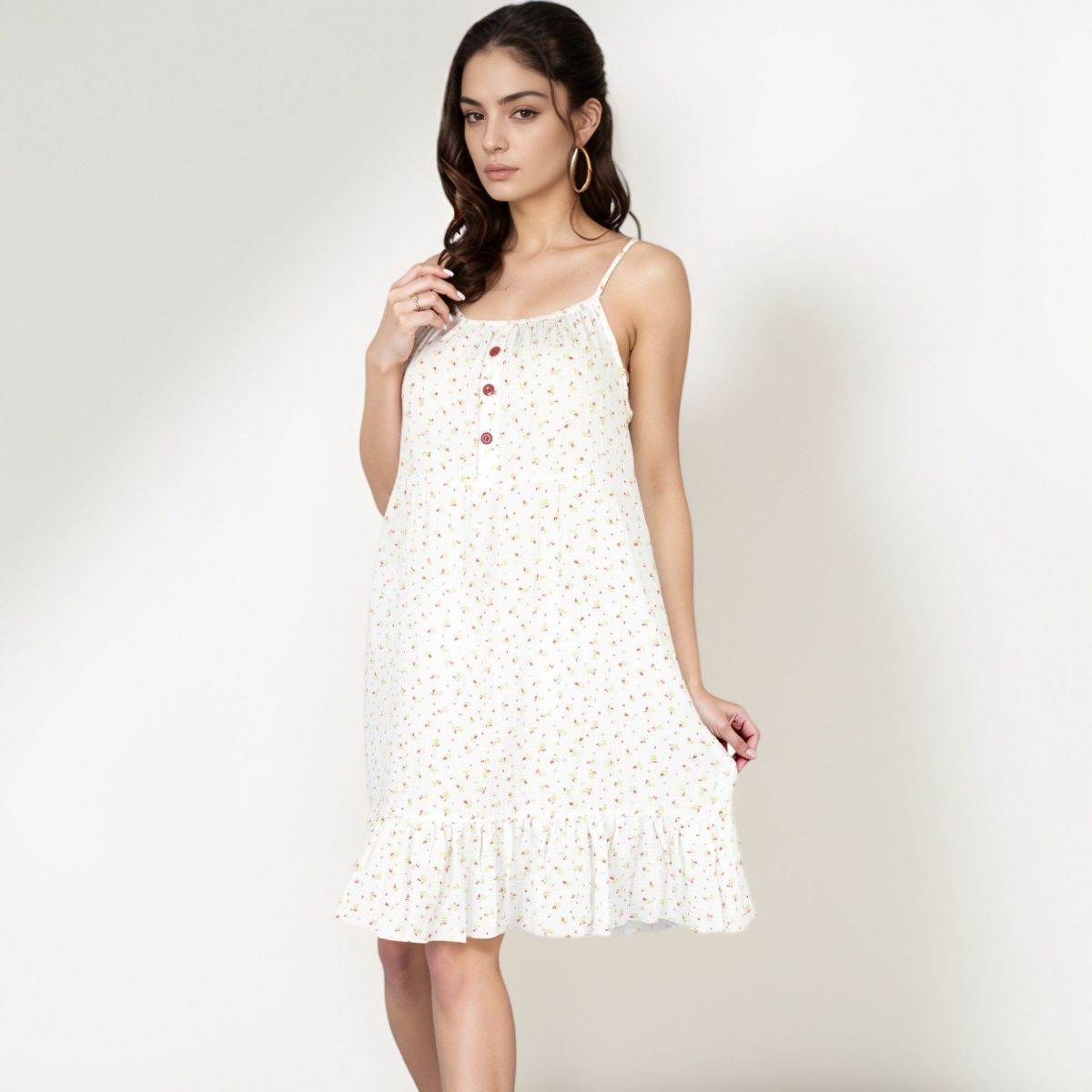 Anna-Kaci Women's Sleeveless Mini Floral Sleepdress with Button Front Detail and Ruffle Hem - thumbnail 3