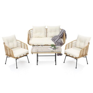 4-Piece PE Rattan Patio Set w/ Loveseat, Sofa & Coffee Table - Outdoor Conversation Set for Backyard - 1 of 4