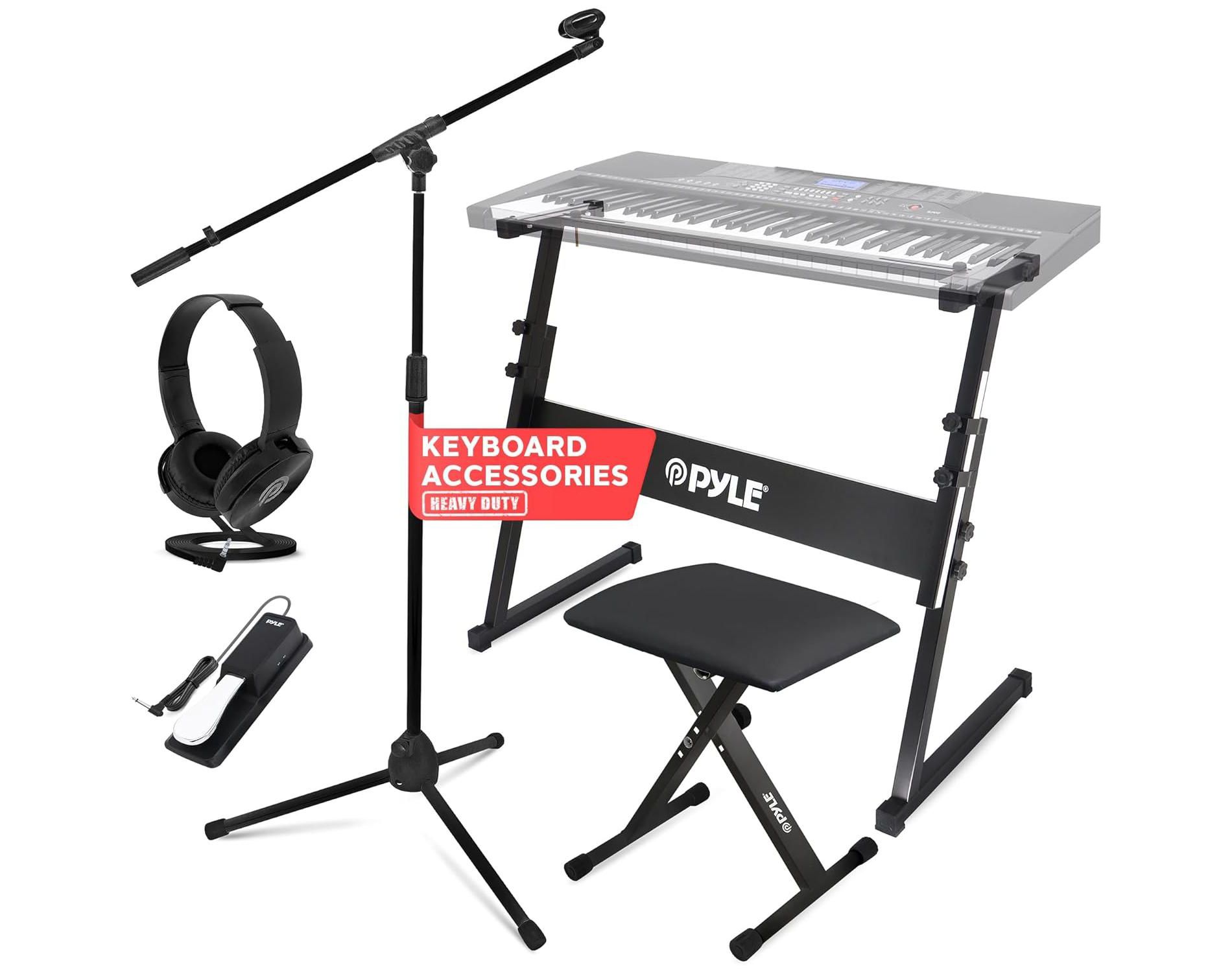 Heavy-Duty Keyboard Accessories Set for Musicians with Z Shape Stand, Stool, Microphone Stand, Sustain Pedal, Black