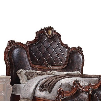 Cherry Oak Queen Bed with Tufted Upholstered Headboard
