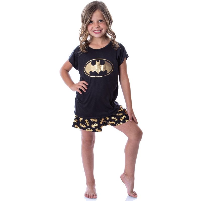 DC Comics Batgirl Superhero Gold Foil Logo Girls Short Sleeve Pajama Set Black, 2 of 5